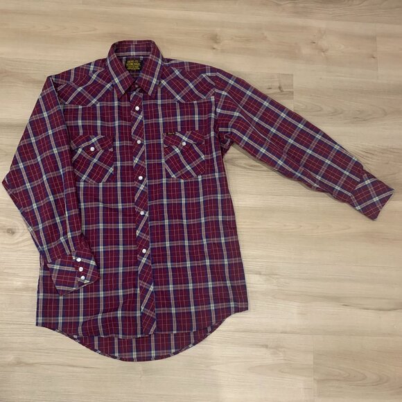 Bar-M Rancher button down plaid red/blue Men's shirt with pearl snaps - Picture 1 of 7